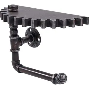 MyGift Industrial Pipe Shelf, Metal Floating Shelf, Wall Mounted Toilet Paper Holder Stand,Hanging Shelf Rack with Steampunk Gear Design
