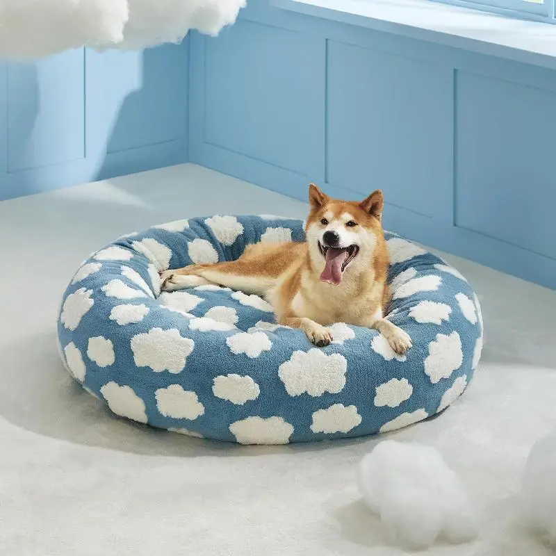 Argyle Donut Pet Bed with Zipper - Soft Fluffy Round Calming Bed for Dogs & Cats, Machine Washable Easy-Care Mat, All Sizes Available