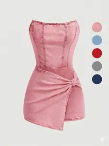 Women's Denim Halter Dress, Twisted Front Asymmetrical Mini Skirt, Casual Summer Fashion, Perfect for Daily Wear