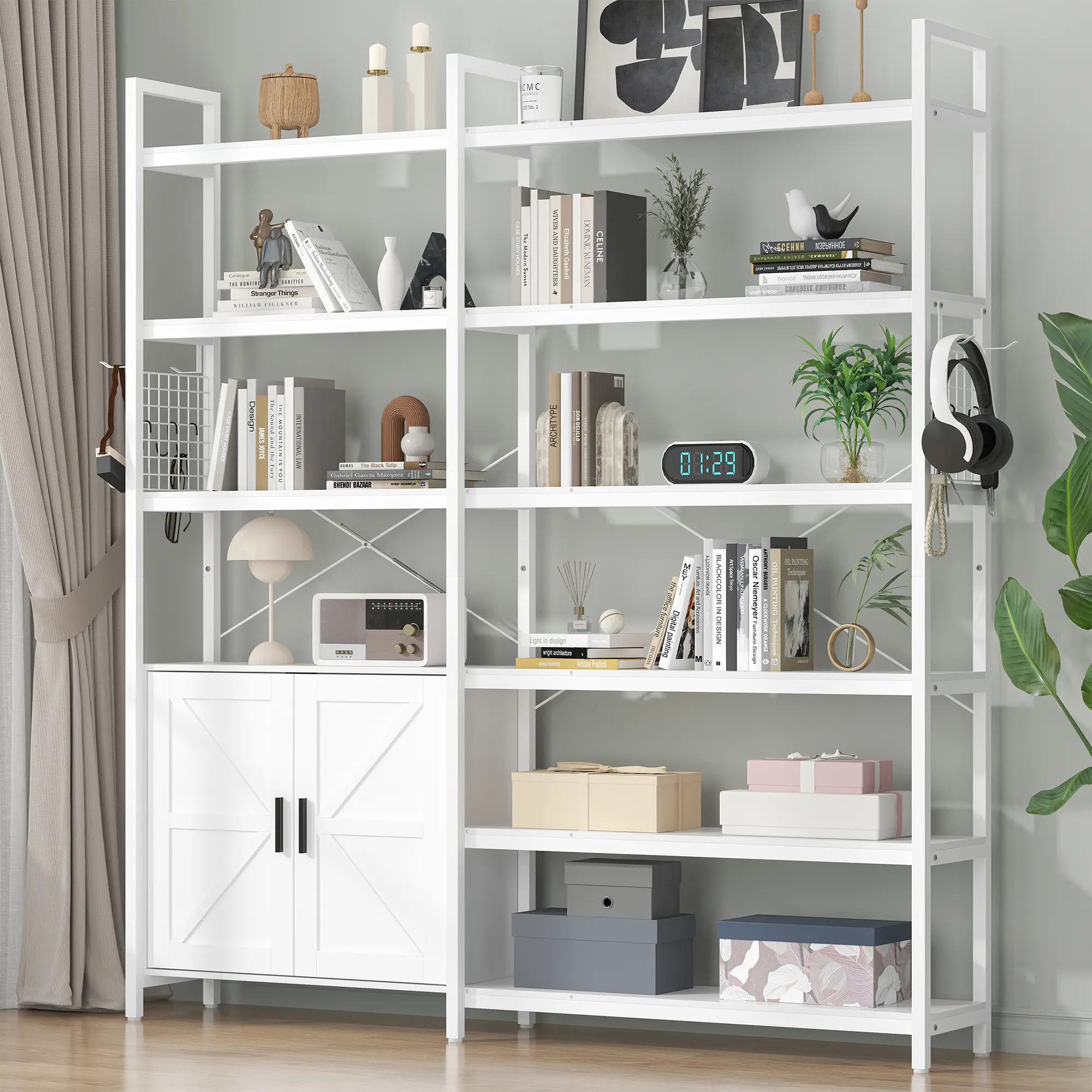 Semoic Freestanding Rustic L-Shaped Bookshelf - 71.3" Tall Durable Engineered Wood Corner Bookcase with 6-Layer Shelves, Sliding Barn Doors, Storage Cabinet, Stable Metal Frame, Space-Saving Shelves for Bedroom, Living Room, Office