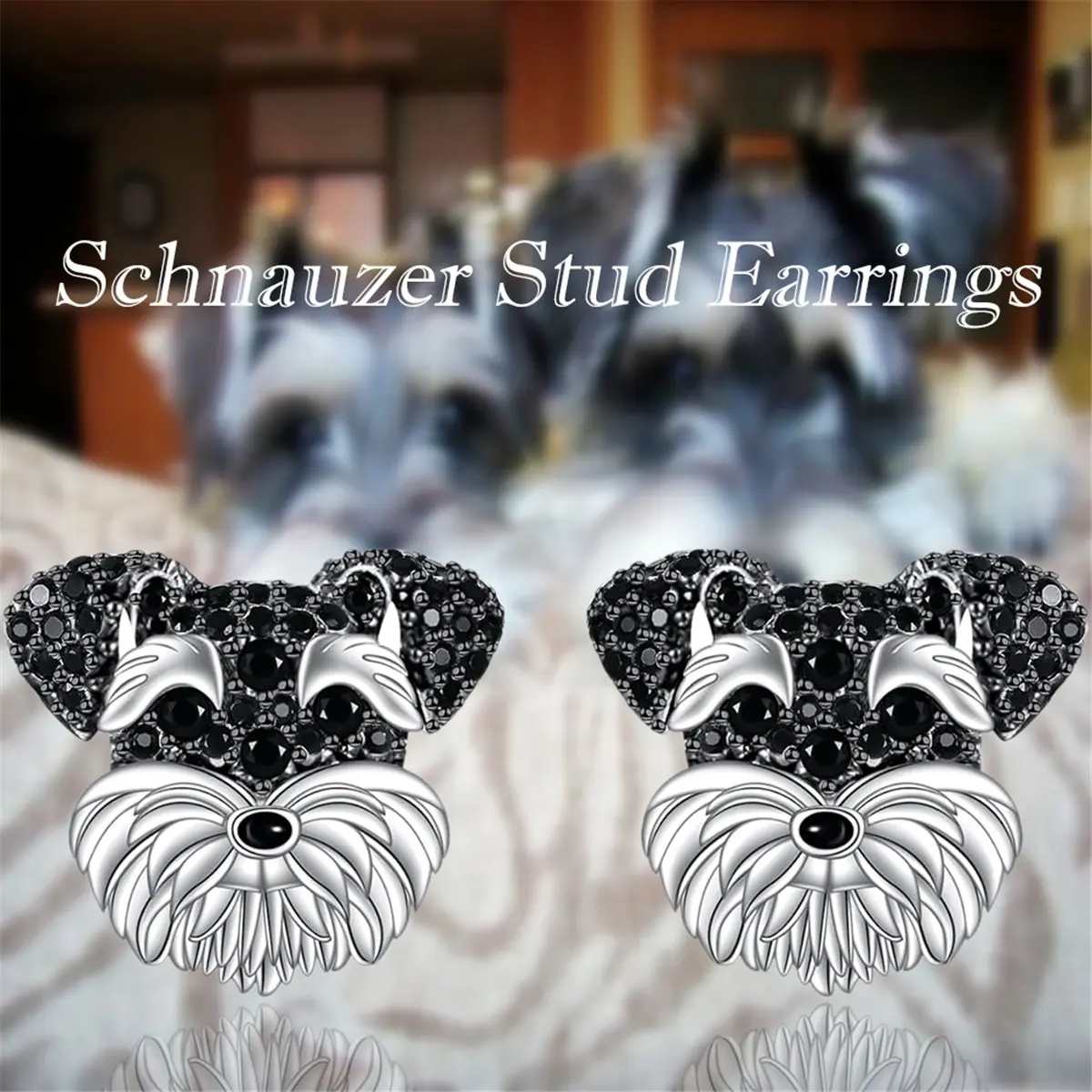 1Pair Creative Shining Black Rhinestone Cute Schnauzer Stud Earrings Exquisite Cartoon Pet Puppy Earrings Stainless Steel Ear Pins Suitable for Ladies, Girls Daily Party Accessories Gifts