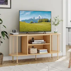 Yechen TV Stand for 60 Inch TV, Boho Natural Rope Woven TV Console Table, Mid Century Modern Entertainment Center with Storage Shelves, Wooden Media Console Cabinet for Living Room, Bedroom