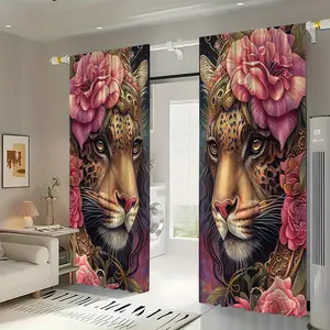 Floral & Leopard Pattern Curtain, 2 Counts/set Creative Rod Pocket Curtain, Semi Blackout Window Drapes, Home Decoration Curtain for Home Living Room Bedroom Office Decor