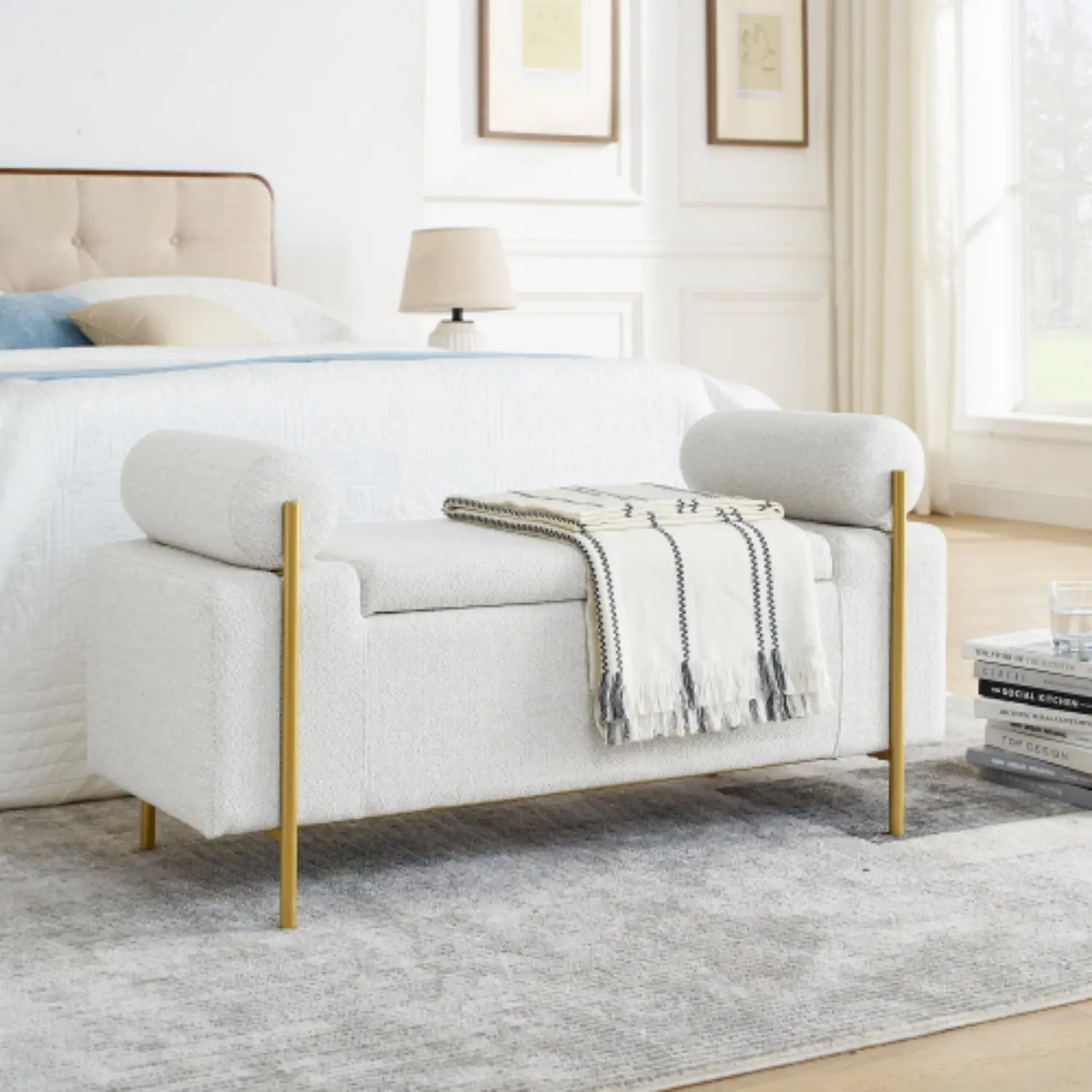 TEFUNE Elegant Linen Upholstered Storage Bench with Cylindrical Arms and Iron Legs, Multipurpose Ottoman for Hallway, Living Room, Bedroom, Entryway Soft Cushioned Stool Footstool