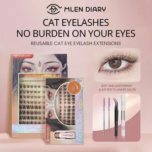 Mlen Diary Cat Eye Eyelashes Extension Set & 2 in 1 Lash Bond Reusable Individual D Curl False Eyelashes Length 9-14mm Within Lower Lashes Glue Set Included Remover And Tweezer