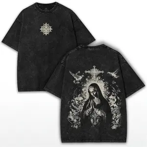 Virgin Mary Praying Washed T-Shirt, Vintage Catholic Graphic Tee, Oversized Faith Shirt, Unisex Christian Streetwear for Men and Women Cotton Top Basic Button women's and men's tops TikTokShop Black Friday
