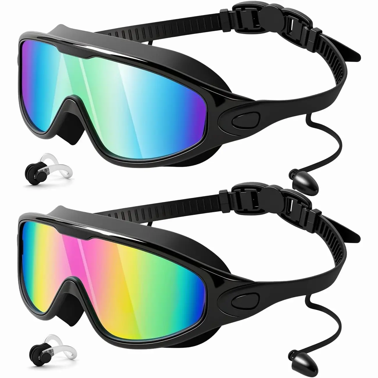 Adult Water Goggles 2-Pack, Home & Outdoor Safety Swim Gear with Noseclip, Ear Plugs, Leak-Proof Seal, Silicone Frame, Wide-View Lens, Anti-Fog, UV Resistance, High-Quality Headband, No Raccoon Eyes