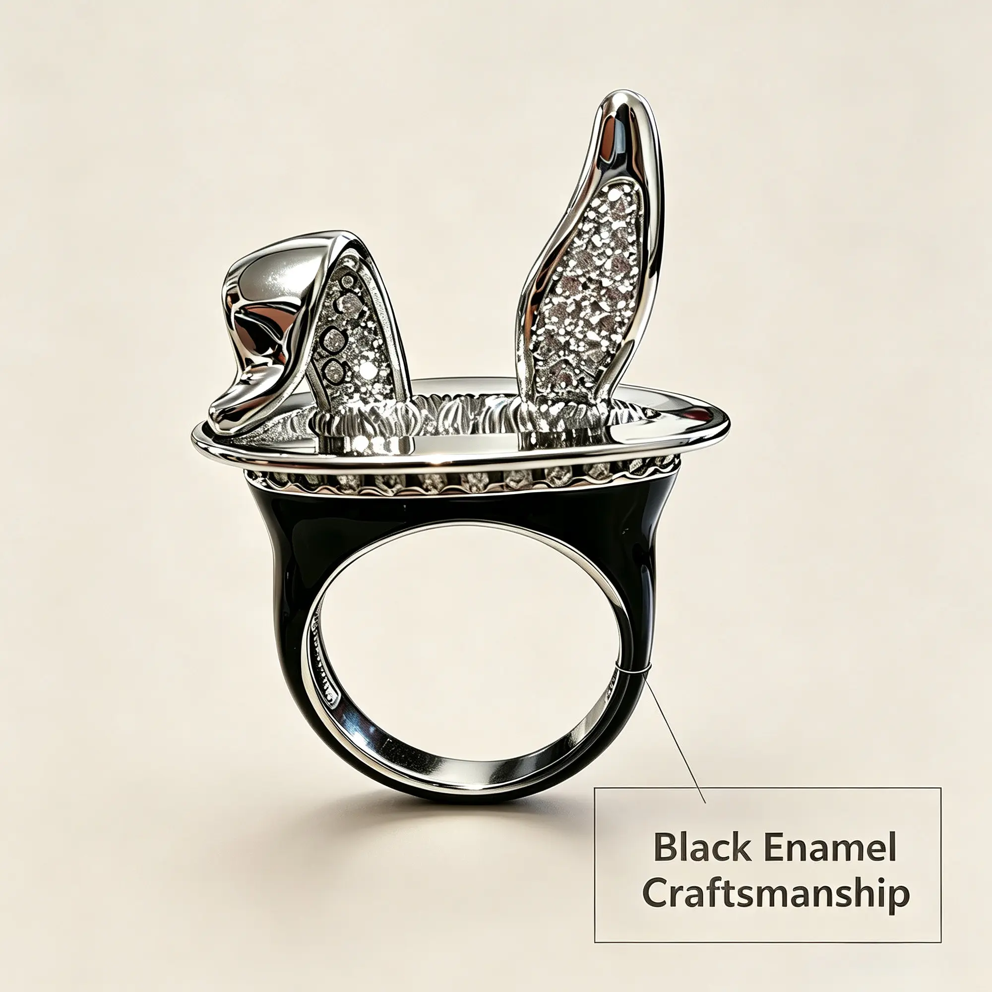 Creative 3D Rabbit-Ear Top Hat-Style Ring | Niche Designer Ring with Synthetic Zirconia in a Bezel Setting | Bold, Artistic Jewelry | Versatile, Unique Accessories for Everyday Wear and Parties，unisex styles