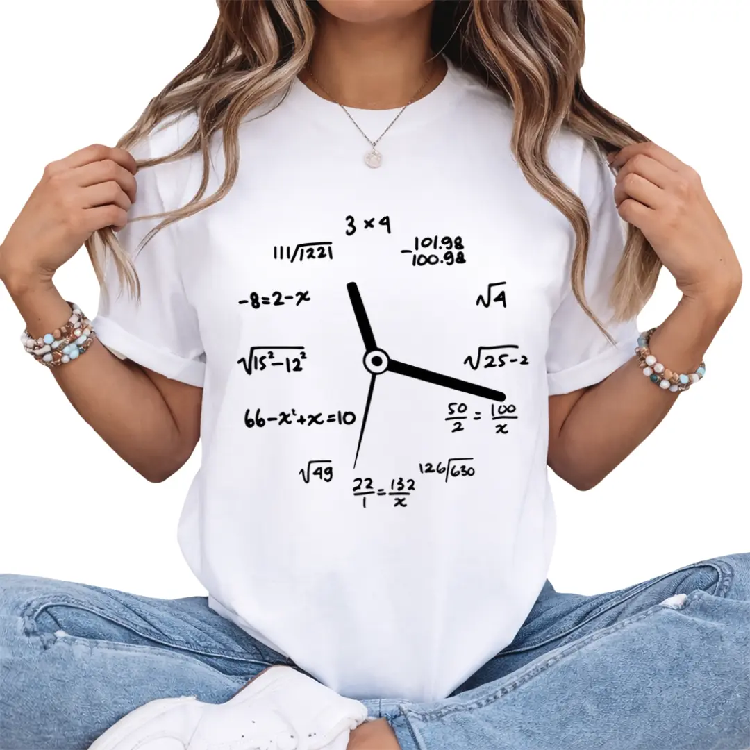 Women's Math-Themed T-Shirt with Clock & Formula Print - Round Neck Short Sleeve Casual Top Suitable for Science Parties, Events, Gifts, Casual Attire - Machine Washable Geeky Outfits for Math Lovers