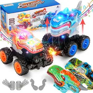 2 Pack Exploding Monster Truck Toy with Interchangeable Dinosaur & Shark Bodies, Friction-Powered Light-Up Cars with Sounds, Birthday Gift for Boys Ages 4-7, Easter Basket Stuffer, Kids Car Toys