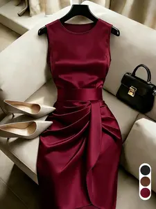 Silk Midi Dress, Round Neck Bodycon Dress, Summer Wine Silk Wrap Dress, Sleeveless High Waist Design, Elegant Office Wear