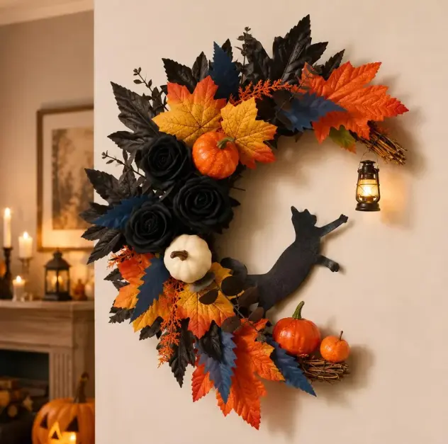 Halloween Black Cat Front Door Wreath - Lightweight Gothic Fall Decor with Faux Pumpkin, Autumn Leaves, Spooky Florals, Lantern; Outdoor Porch Wall Hanging, Indoor Room Ornament for Home Garden decorative sculpture