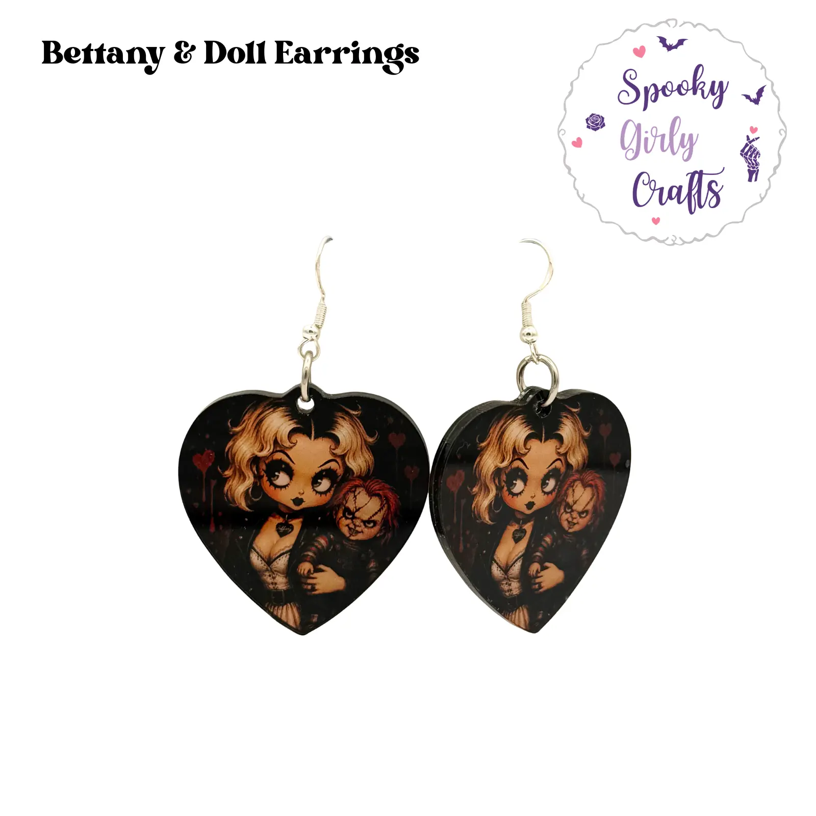 Pin-Up Killer Doll Couple Heart Acrylic Earrings