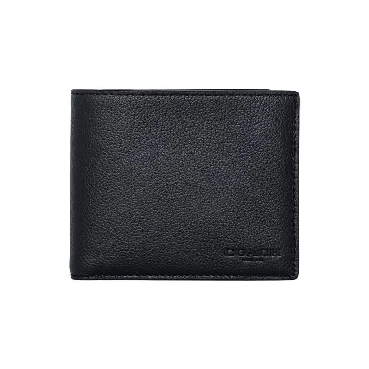 Coach 3-in-1 Compact Wallet for Men – Textured Calfskin Detachable Cardholder, Black