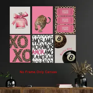 6 Pieces 2D Flat Retro Pink & Snow Leopard Print Canvas Wall - Frameless Minimalist Animal Poster with Stripes, Frame Not Included, Wall Art Decor, Office, Retro Style Home Decoration