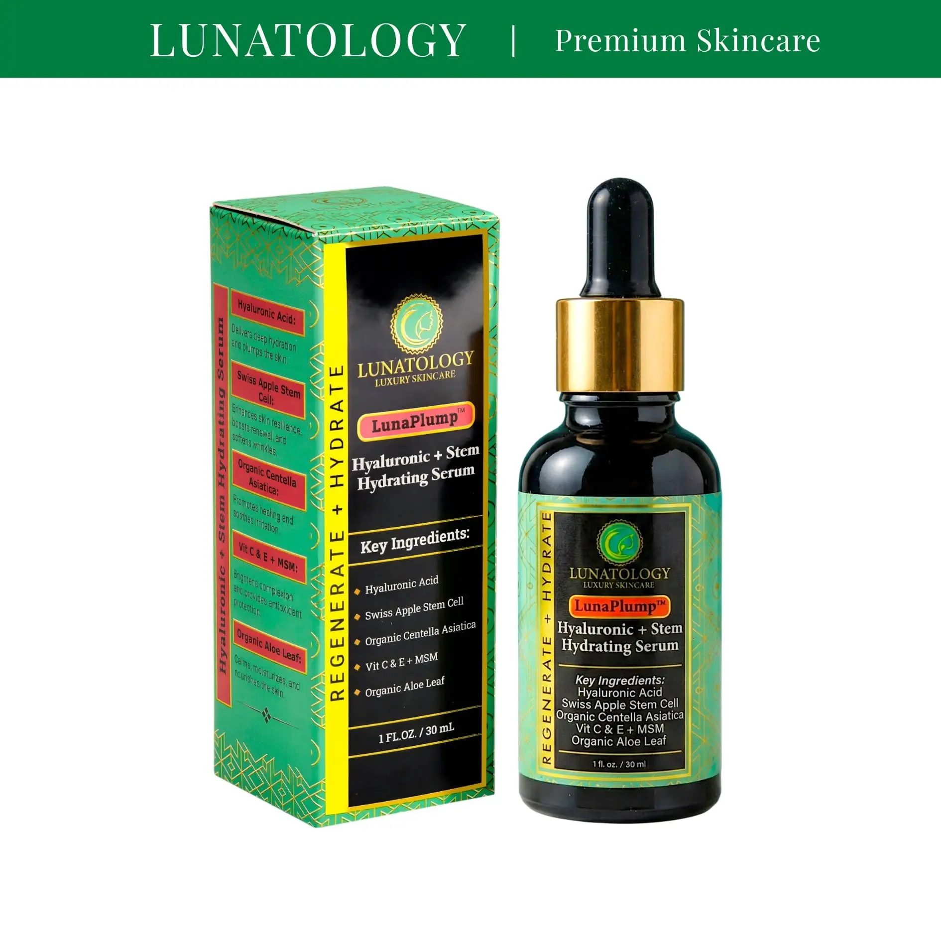 LUNATOLOGY Lunaplump(TM) Hyaluronic + Stem Cell Hydrating Serum – Advanced Hyaluronic Acid & Swiss Apple Stem Cell Formula for Deep Hydration, Plumping & Smoothing Skin – 30 ml / 1 fl oz