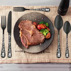 Bizarre Flatware Set, Gothic Skull Silverware Set For 4, Skeleton Flower Unique Pattern Design, Knives/Forks/Spoons Cutlery Set Halloween Event Tableware Utensils, Black