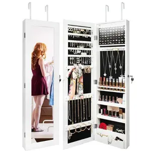 Full Length Mirror Jewelry Cabinet, 6 LEDs Jewelry Armoire Wall Mounted Over The Door Hanging, Jewelry Organizer Storage with Lights Lockable White Jewellery Cabinet, Frameless Extra Wide Mirrored Storage Stand, Jewellery organiser with Hooks