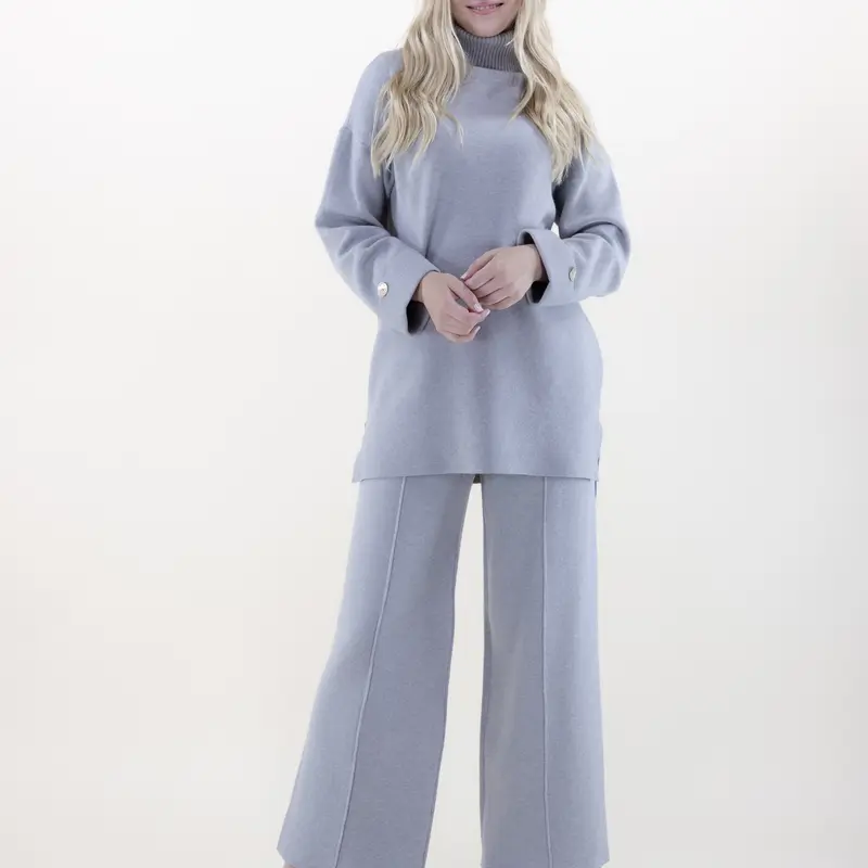 Women's 2-Piece High-Quality Knit Turtle Neck Sweater & Pull-On Wide-Leg Pants Set, Long Sleeve, Full Length, Fine Knit Fabric, Shell-Cuff Style, Elastic Waist, Loose Minimalist Casual Stretchy Lady Outfit for Quick Change