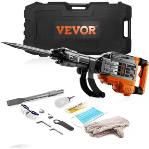 TikTokShopBlackFridayVEVOR 3500W Electric Demolition Hammer, 1900 BPM Durable Jack Hammer, Concrete Breaker with 2 Chisels, Gloves, and a 360 °   Rotatable Handle for Efficient Trenching, Black