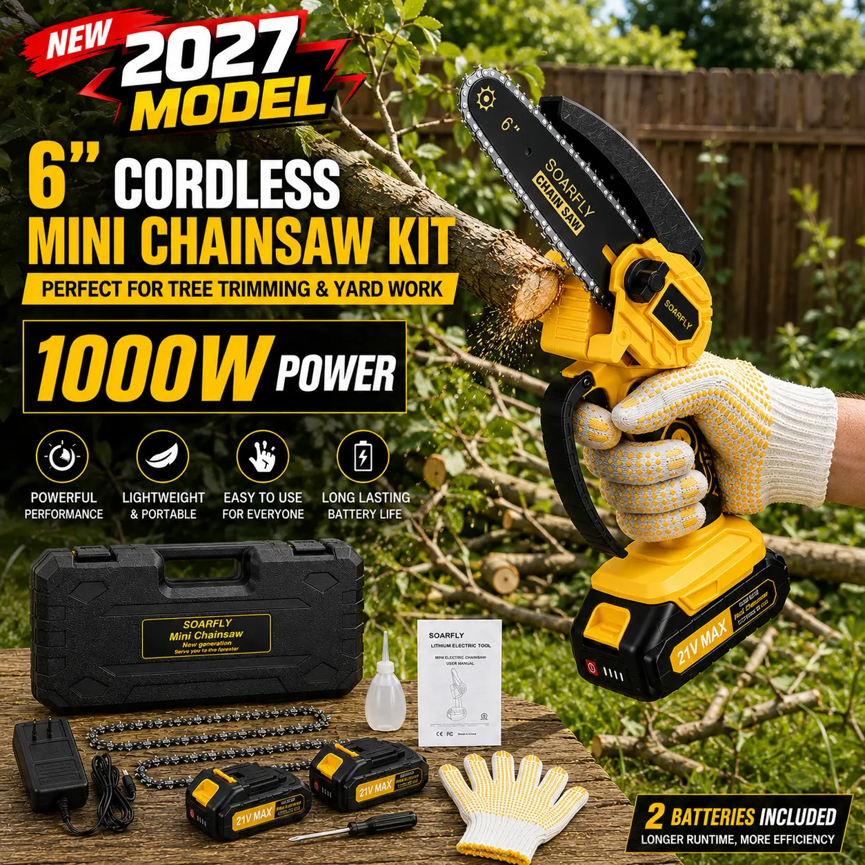 SOARFLY High-Power Cordless Mini Chainsaw – Portable Electric Wood-Cutting Saw (Includes 2000mAh Battery, 1000W Power) – Ideal for Pruning, Gardening, and Camping – A Great Holiday Gift for Seniors or Women