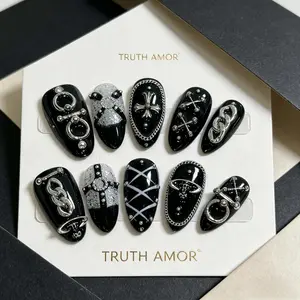 10-piece set | TRUTH AMOR Dark Mine-style Dark Hottie Wearable Nails | Black-silver Metal Embossing + Skull Heart Design | Ultra-thin & Removable | For Parties, Nightclubs, Music Festivals & Daily Use #DarkNails #Mine-styleNailTips #DarkHottieNails