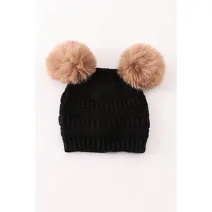 Black double pompom cable beanie