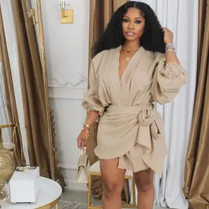 Summer and autumn party wrap mini dress for women, lantern sleeves, V-neck tie, tie, slim fit pleated skirt, birthday outfit