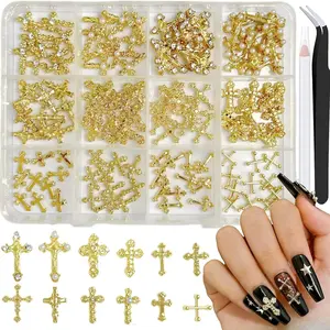 Bow Nail Art Decor Set, Alloy Rhinestone Pearl Ribbon DIY Nail Accessories, Includes Tweezers and Wax Pen，Gold Cross Nail Charms Set - 12 Styles Alloy Gothic Cross Nail Art Supplies with Tweezers & Wax Pen, Nail Charms  Nail Art Accessories