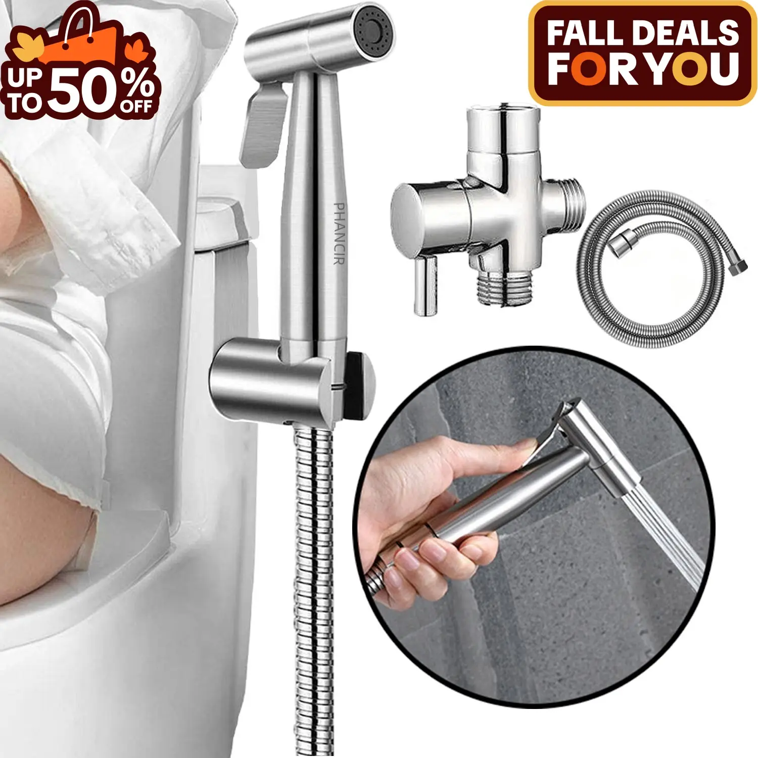 PHANCIR Handheld Bidet Sprayer for Toilet, Brushed Nickel Bidet Attachment for Feminine Wash