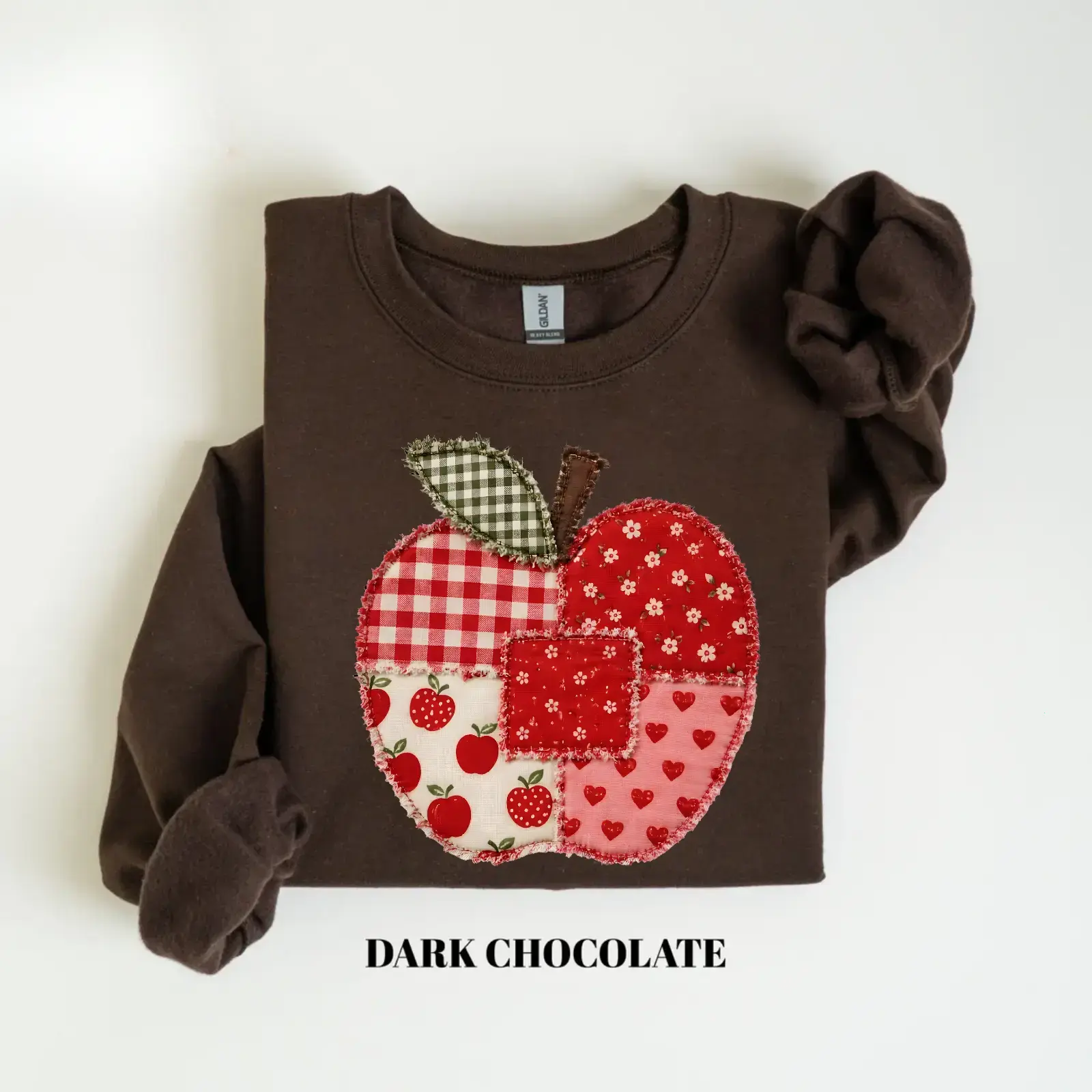 [PRINT SHIRT]  Patchwork Apple Teacher Sweatshirt, Preppy Apple Graphic Crewneck, Back to School Teacher Pullover, Teacher Appreciation Gift