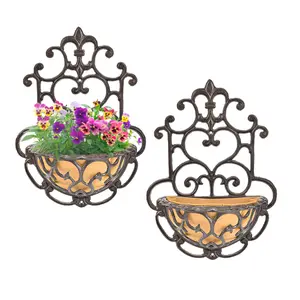Sungmor Wall Hanging Planter Basket with Fabric Liner, Antique Victoria Style Cast Iron Wall Planter Holder, Outdoor Railing Fence Balcony Metal Hanging Basket Half Round Flower Pots