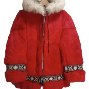 RED VINTAGE GENUINE RABBIT FUR AND MINK LINED HOOD DECORATIVE INSULATED COAT by Landes Furs. THE ONLY ONE!!!
