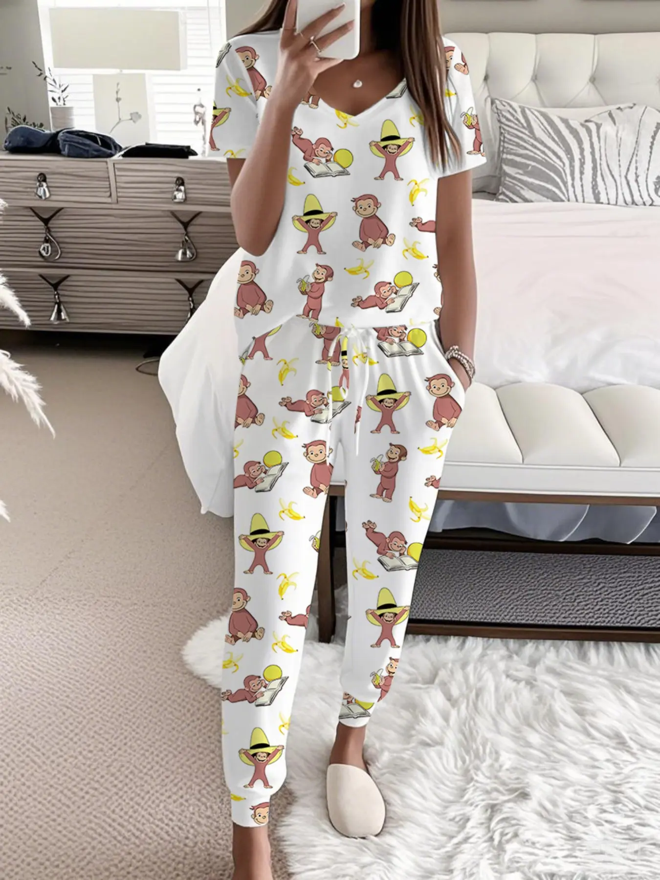 Adorable Monkey Cartoon Print Casual Women Pajama Set, Short Sleeve V-Neck Top and Tie Pants, Home Wear Sleepwear Set, Loungewear, Lounge Pj Set