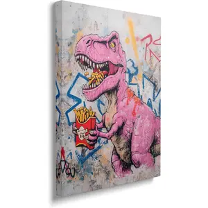 IBTKQSM Banksy Funny Dinosaur Canvas Wall Art Graffiti Tyrannosaurus Dino Poster French Fries Pictures Dinosaurs Painting Street Graffiti Pop Artwork for Bathroom Living Room Home Wall