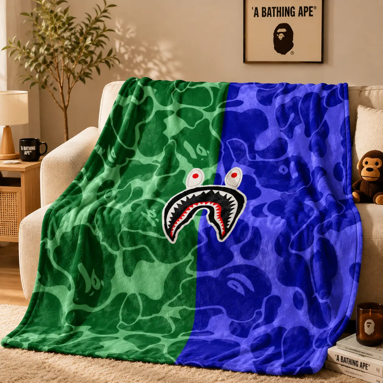 BAPE Shark Camo Fleece Throw Blanket, Green Blue Camouflage Graphic Super Soft Cozy Blanket for Couch Sofa Bed, Lightweight Plush Throw for Bedroom Dorm Living Room, Streetwear Home Decor Gift
