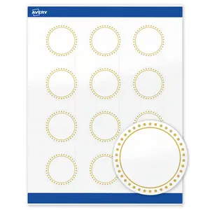 Avery Printable Round Labels with Sure Feed Technology, Gold Border with Gold Dots Design, 2" Diameter, Glossy White Permanent Labels, Laser/Inkjet, 120 Total, Great for Product Labels