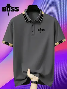 Fashion Casual Summer Short Sleeve Polo Shirt, Bqss Print Outdoor Running Golf Collar, Button Front, Breathable Polyester Fabric