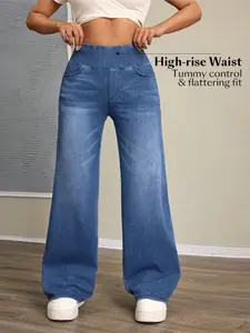 Women's Casual Stretchy Knit Denim Jeans, Minimalist & Fashionable For Everyday Wear, High Waisted Jeans, Ankle Length