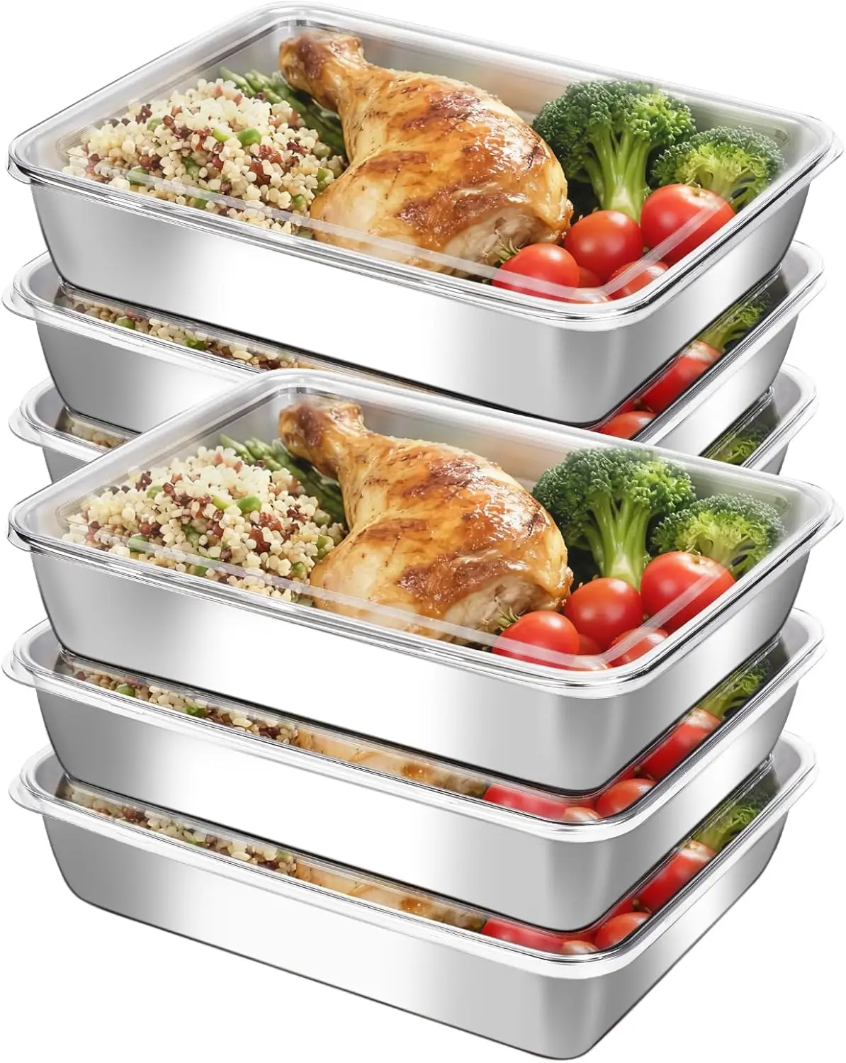 Stainless Steel Food Storage Containers with Clear Lids, Freezer Oven Safe Meal Prep Trays, Stackable Metal Food Pan for Meat Fruit Vegetable, Refrigerator Organizer, Reusable Leakproof Lunch Container for Kitchen Storage