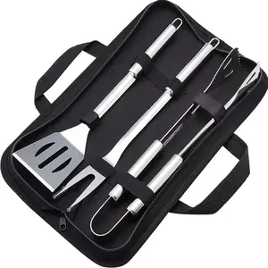 3-Piece Stainless Steel BBQ Tool Set, Portable Grill Accessories with Storage Bag, Ideal for Outdoor Camping, Backyard Barbecue Gift