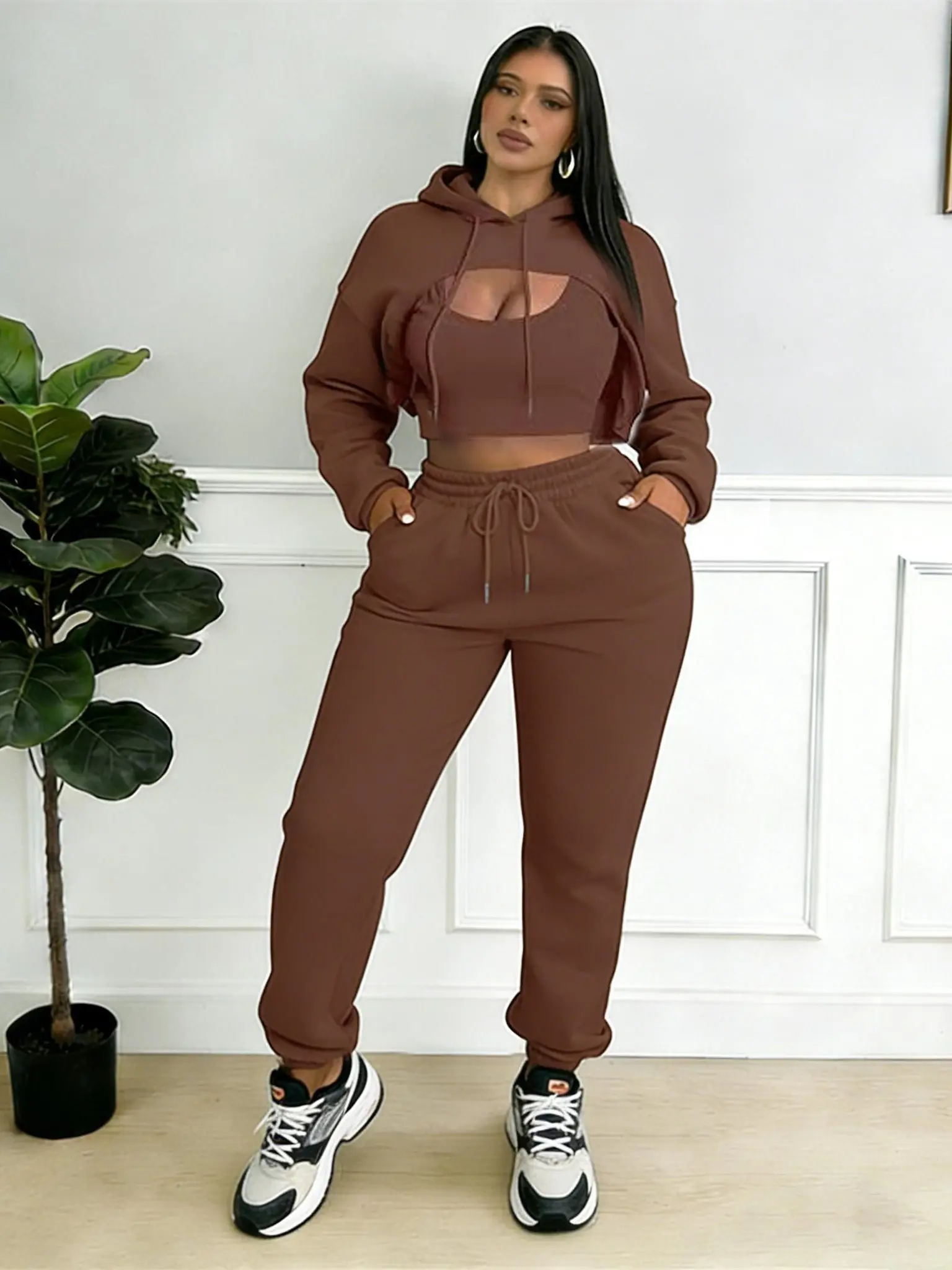 Women’s Sweet & Spicy Instagram Style 3 Piece Tracksuit Set – Long Sleeve Hoodie, Tank Top & Jogger Pants Fall Outfit Active Wear Sportswear Gym Sets