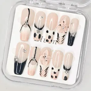 Chic Black and Nude Handmade Press On Nails Long Coffin