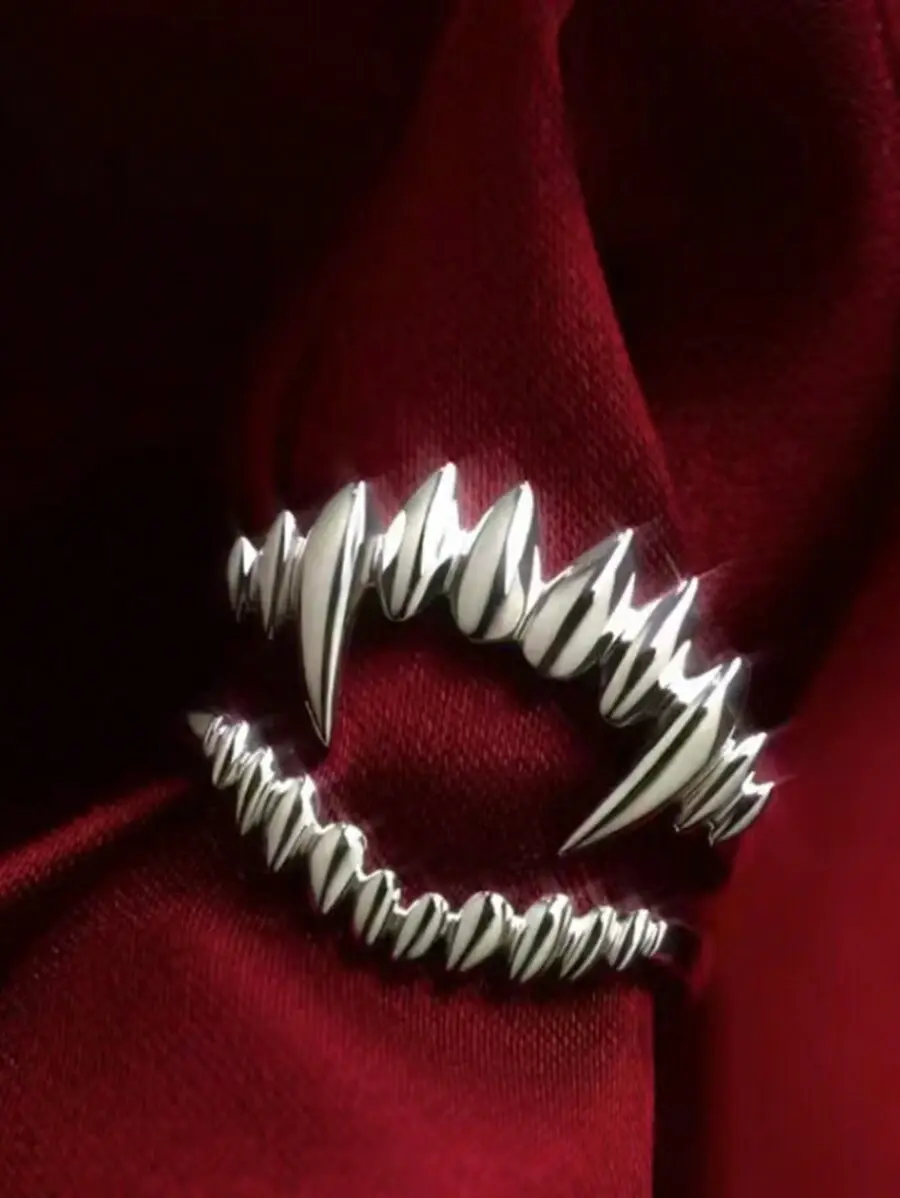 Wicked Silk Goth Emo Vampire Fang Ring 2pcs Set - Silver Tone Stainless Steel