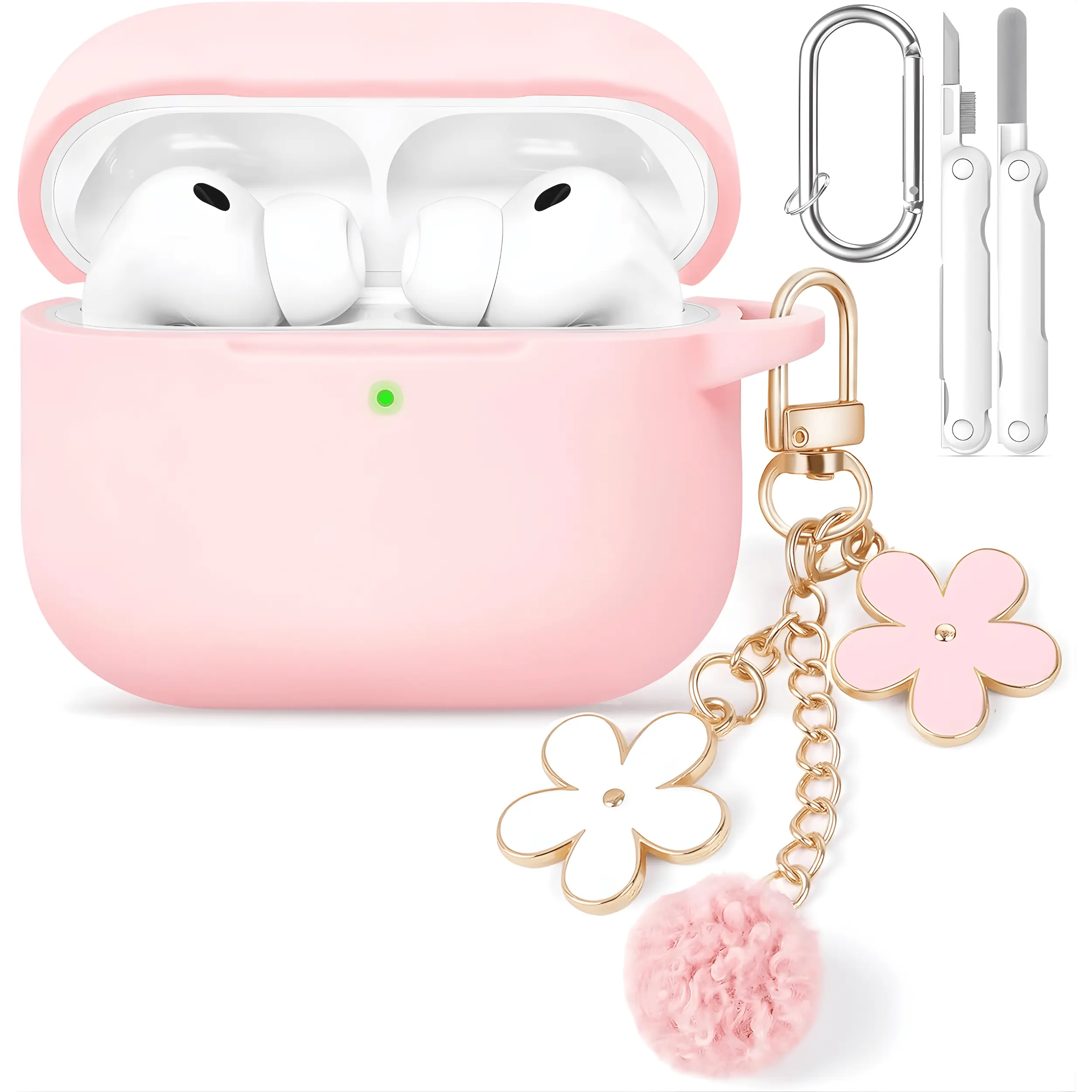 AirPods Pro 3 Case 2025 Soft Pink Silicone Protective Cover with Flower Chain, Keychain & Cleaner Kit, Shockproof Anti-Scratch Case for Apple AirPods Pro 3rd Generation, Cute Girly Slim Fit Case