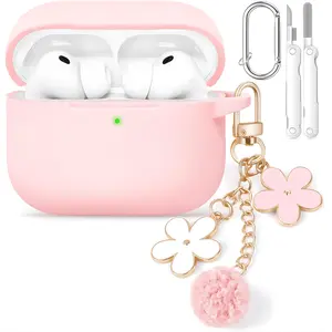 AirPods Pro 3 Case 2025 Soft Pink Silicone Protective Cover with Flower Chain, Keychain & Cleaner Kit, Shockproof Anti-Scratch Case for Apple AirPods Pro 3rd Generation, Cute Girly Slim Fit Case