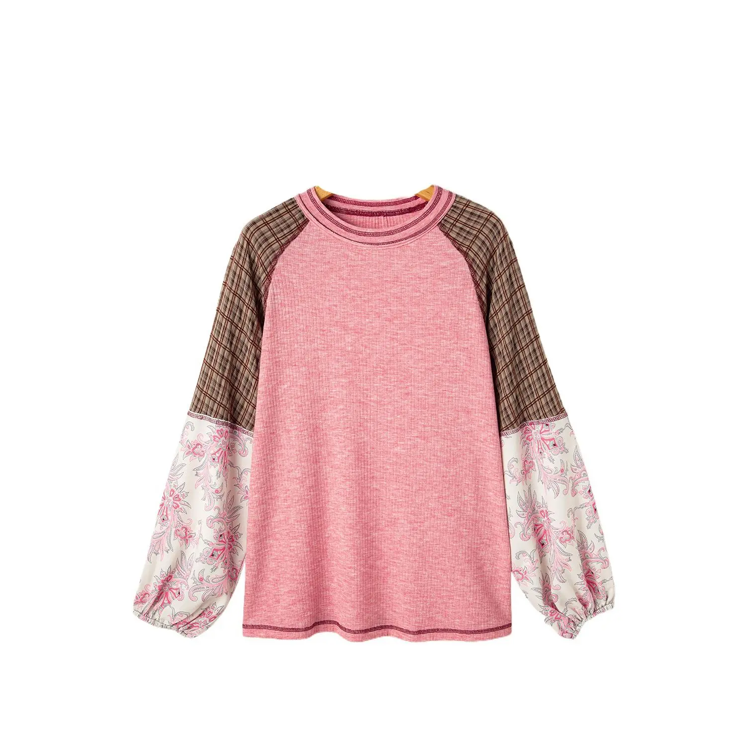 Women's Fushia Mixed Print Patchwork Raglan Ribbed Knit Top