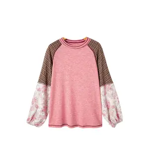 Women's Fushia Mixed Print Patchwork Raglan Ribbed Knit Top