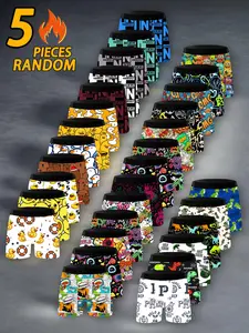 Random 5 Pack Boxer Briefs Set Comfortably Soft Men's Boxer Shorts, Stylish Long Underwear with Cartoon Duck, Dinosaur, Doodle Patterns, Casual All over Print for All Seasons