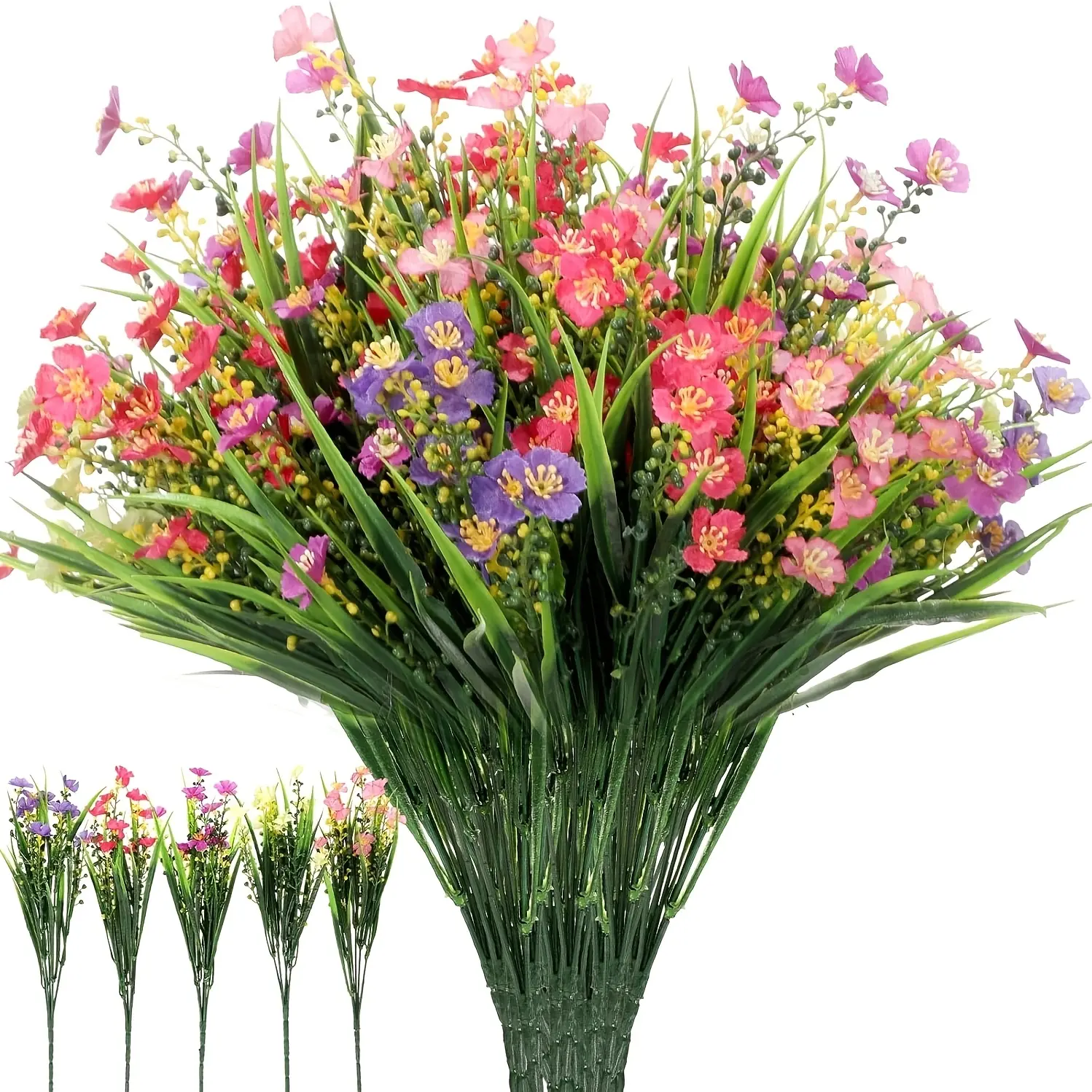 50 Bundles UV Resistant Weatherproof Artificial Wildflowers Fade Resistant Lifelike Silk Plastic Fake Flower Stems Multi Color Floral Arrangement For Outdoor Garden Porch Window Planter Wedding Party Farmhouse Home Table Aesthetic Decor